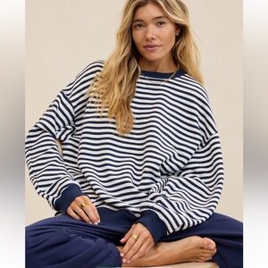 Aerie Tres Chic Striped Navy Sweatshirt